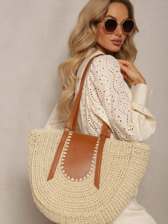 Zdjęcie produktu Jasnobeżowa Jednokomorowa Torebka z Plecionej Rafii w Stylu Boho Idarkia Beżowy
