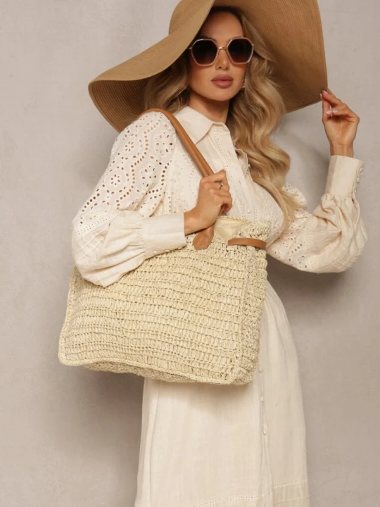 Zdjęcie produktu Jasnobeżowa Pleciona Torebka o Dużym Fasonie Tote w Stylu Boho Emerria Beżowy