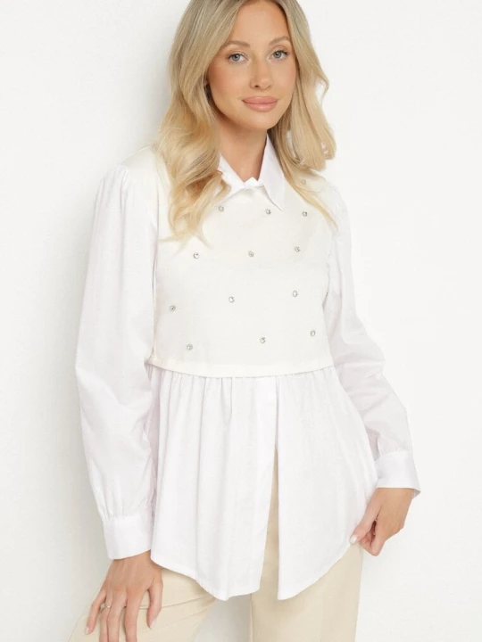 Zdjęcie produktu Jasnobeżowa Rozkloszowana Bluzka Koszulowa z Wiskozą z Wszytą Kamizelką z Cyrkoniami Uliaviela Pretty Beżowy