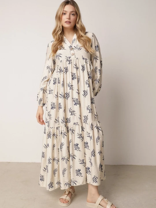 Zdjęcie produktu Jasnobeżowa Rozkloszowana Sukienka z Wiskozy z Dekoltem na Guziki Watesa M&d Fashion Beżowy