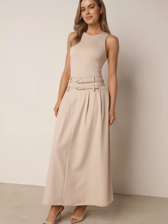 Zdjęcie produktu Jasnobeżowa Spódnica Elegancka o Rozkloszowanym Kroju z Dwoma Paskami i Kieszeniami Antepia M&d Fashion Beżowy