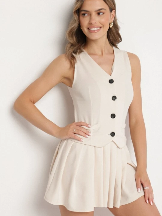 Zdjęcie produktu Jasnobeżowa Sukienka Góra w Stylu Kamizelki i Rozkloszowany Dół Eviraia New Collection Beżowy