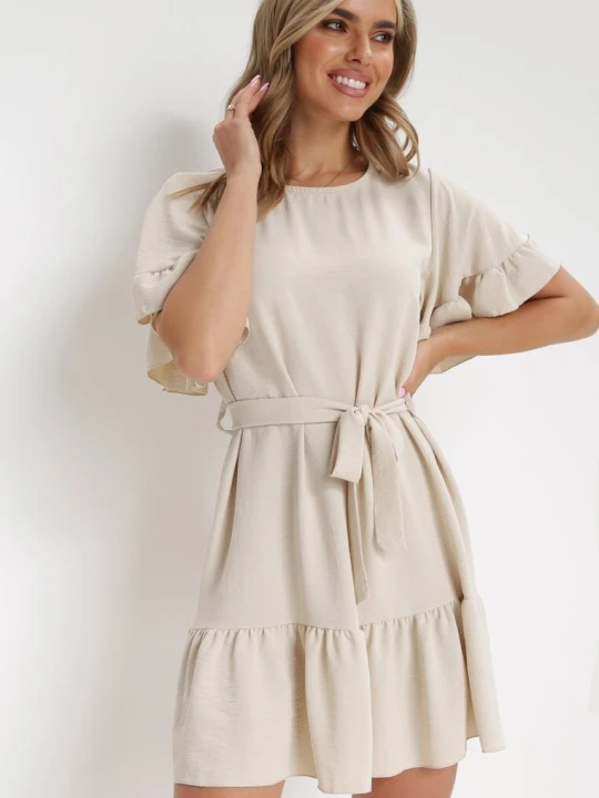 Zdjęcie produktu Jasnobeżowa Sukienka Rozkloszowana z Wiązanym Paskiem Kastan New Collection Beżowy