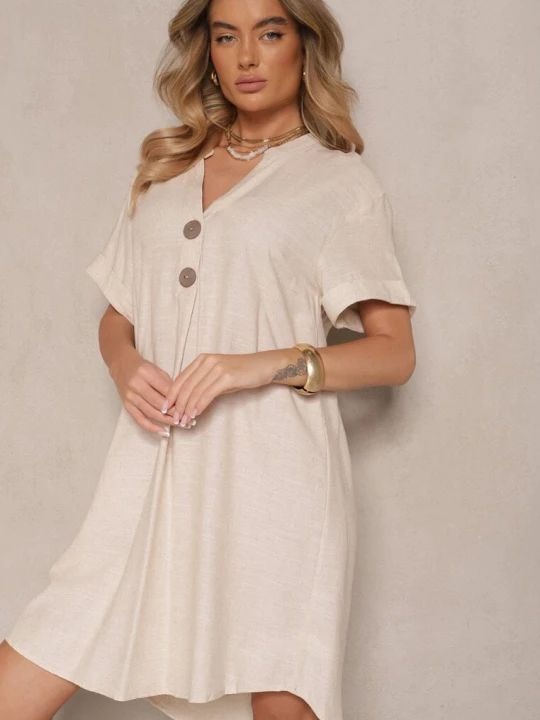 Zdjęcie produktu Jasnobeżowa Sukienka z Bawełny o Pudełkowym Kroju z Dużymi Guzikami Elanorella Fashion Beżowy