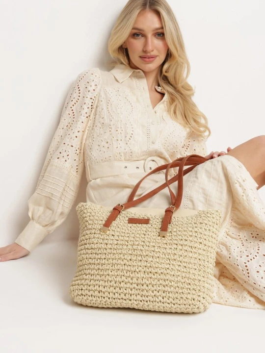 Zdjęcie produktu Jasnobeżowa Torebka Shopper z Plecionki z Rączkami z Ekoskóry Buxara Beżowy