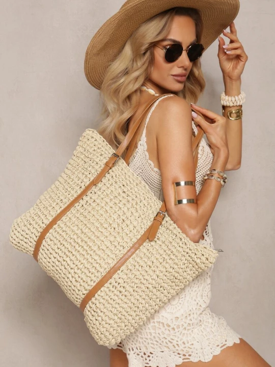 Zdjęcie produktu Jasnobeżowa Torebka z Plecionki w Stylu Boho z Ozdobnymi Rączkami Iltanin Beżowy