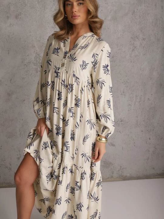 Zdjęcie produktu Jasnobeżowa Wiskozowa Sukienka o Rozkloszowanym Kroju z Guzikami przy Dekolcie Seave M&d Fashion Beżowy