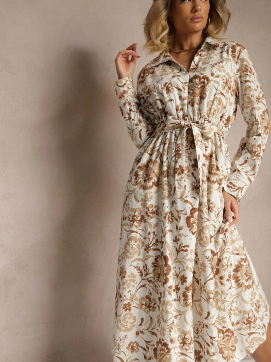 Zdjęcie produktu Jasnobeżowa Wiskozowa Sukienka w Kwiatowy Wzór o Koszulowym Kroju z Paskiem Zelkiona M&d Fashion Beżowy
