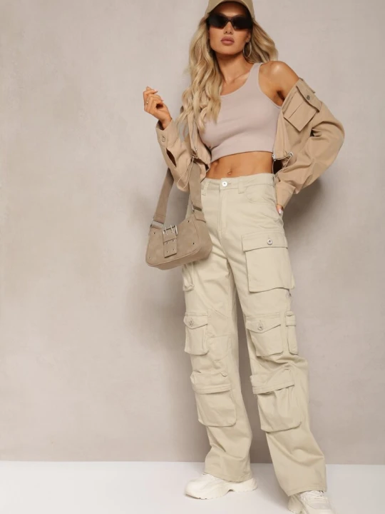 Zdjęcie produktu Jasnobeżowe Bawełniane Spodnie Bojówki High Waist Arcara Daysie Beżowy