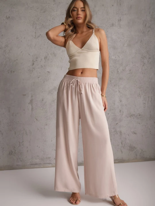 Zdjęcie produktu Jasnobeżowe Bawełniane Spodnie Palazzo High Waist z Gumką w Pasie Gitanea Airisa Beżowy