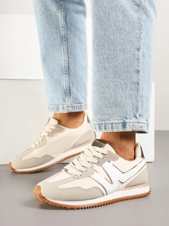 Zdjęcie produktu Jasnobeżowe Sneakersy z Metaliczną Lamówką i Geometrycznym Wzorem Tosvella Via Giulia Beżowy