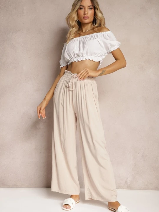 Zdjęcie produktu Jasnobeżowe Spodnie Palazzo High Waist z Bawełny Wykończone Gumką w Talii Nellsea Airisa Beżowy