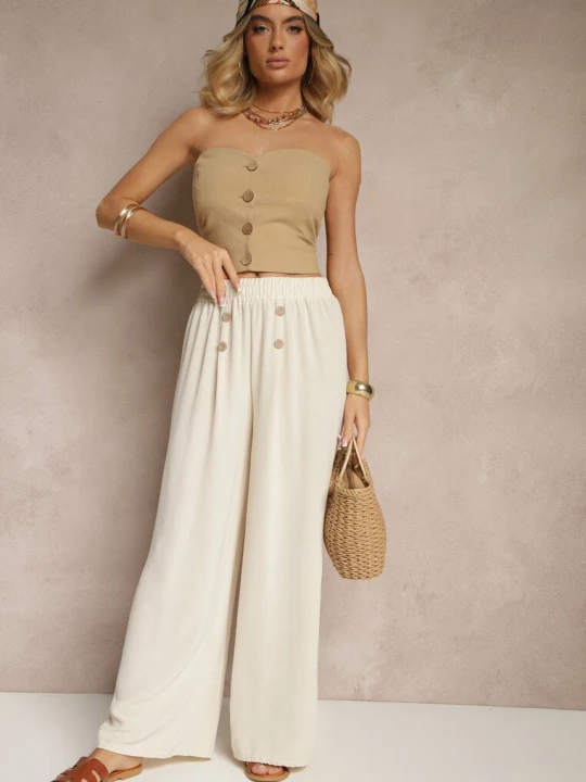 Zdjęcie produktu Jasnobeżowe Spodnie z Bawełną o Szerokim Kroju High Waist Ozdobione Guzikami Morritia J&x Beżowy