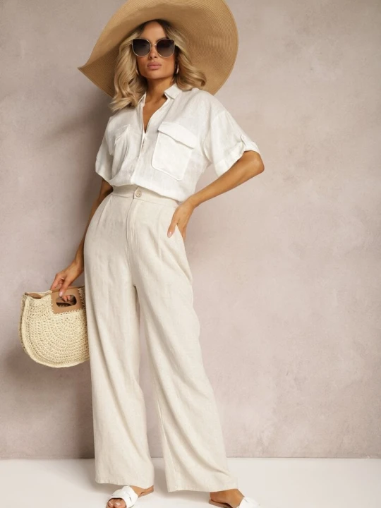 Zdjęcie produktu Jasnobeżowe Spodnie z Szerokimi Prostymi Nogawkami High Waist z Lnem Amivesa Yu & Me Beżowy