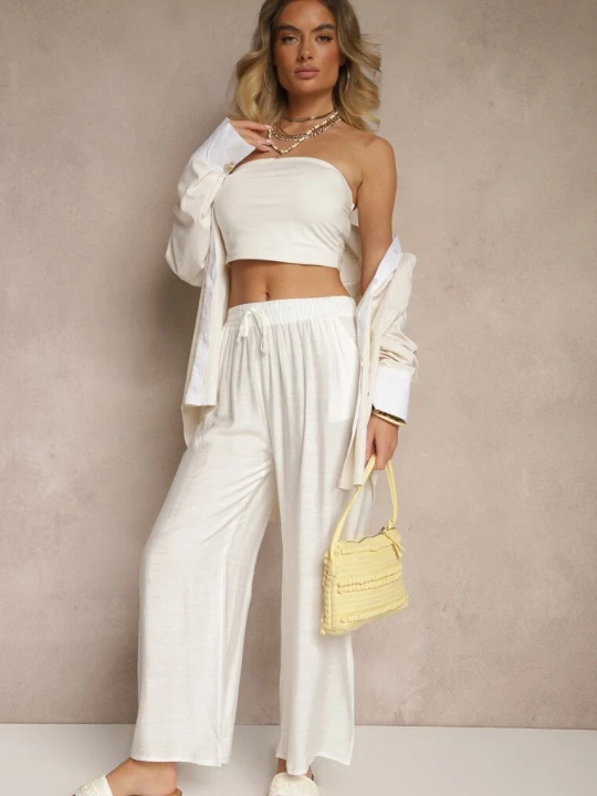 Zdjęcie produktu Jasnobeżowe Spodnie z Wiskozy High Waist o Szerokim Kroju Divlise Rosita Beżowy