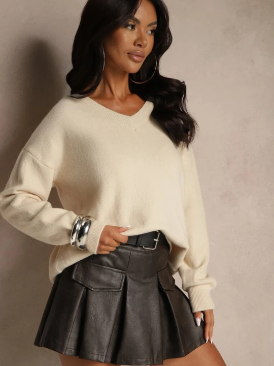 Zdjęcie produktu Jasnobeżowy Gładki Sweter z Bawełną o Kroju Oversize Conime Elsa.m By May