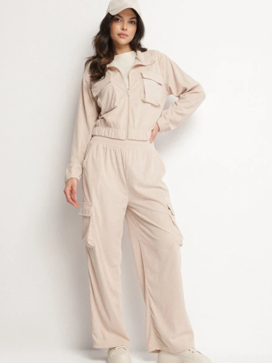 Zdjęcie produktu Jasnobeżowy Komplet Dresowy w Stylu Cargo Bluza ze Stójką i Szerokie Spodnie Arritarra Defox