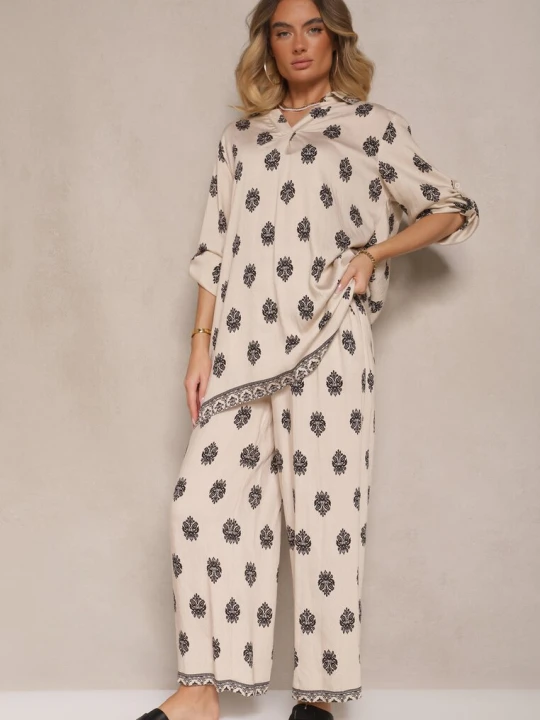 Zdjęcie produktu Jasnobeżowy Komplet z Wiskozą Oversize Koszula i Spodnie Zdobione Etnicznym Printem Janea M&d Fashion