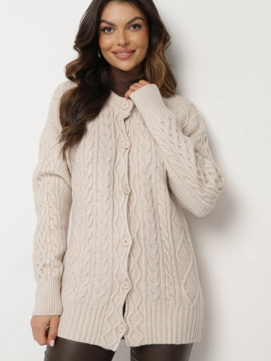 Zdjęcie produktu Jasnobeżowy Rozpinany Kardigan Ozdobiony Tłoczeniem Melorisse Wool Fashion