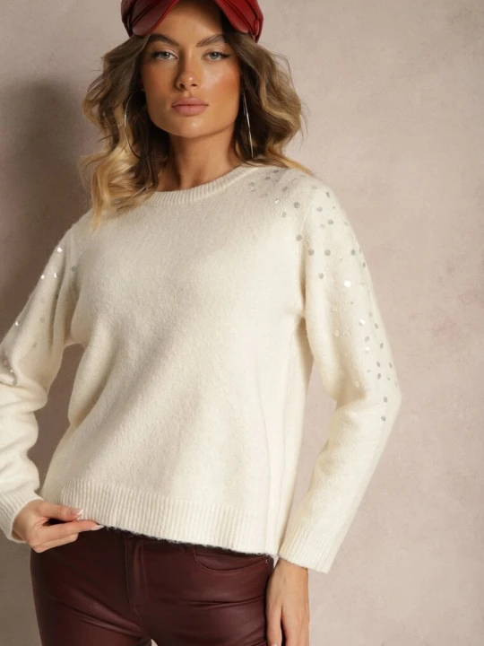 Zdjęcie produktu Jasnobeżowy Sweter z Bawełną i Cekinami Ceala Belcci