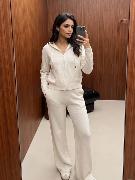 Zdjęcie produktu Jasnobeżowy Sweterkowy Komplet z Wiskozą Spodnie Straight i Rozsuwana Bluza z Kapturem Eldirma M&d Fashion