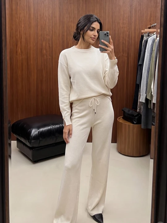 Zdjęcie produktu Jasnobeżowy Sweterkowy Komplet z Wiskozą Spodnie Straight i Sweter Mankietami na Guzik Venturo M&d Fashion