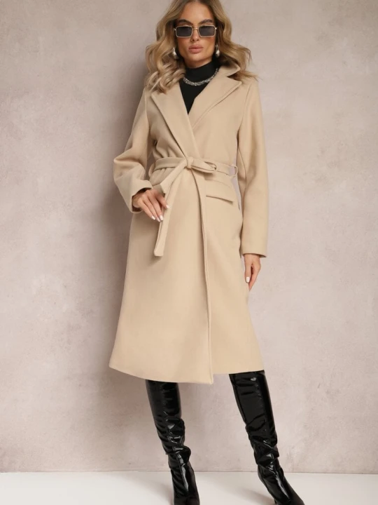 Zdjęcie produktu Jasnobeżowy Taliowany Płaszcz z Wiązanym Paskiem Seraphique New Collection