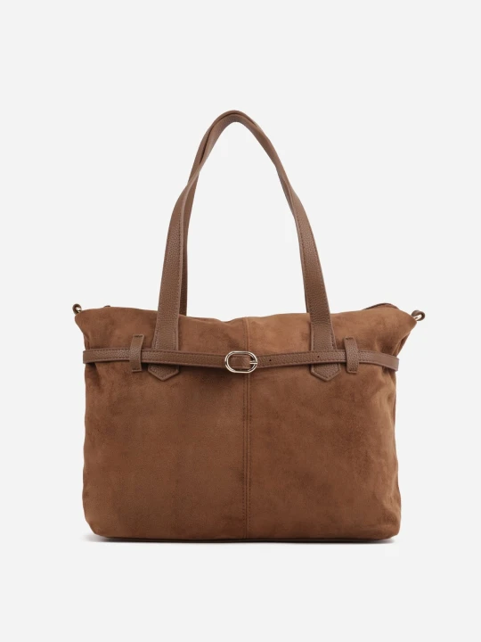 Zdjęcie produktu Jasnobrązowa Elegancka Torebka Shopper Bag o Fakturze Zamszu z Paskiem z Klamerką Mudrey Caely Brązowy