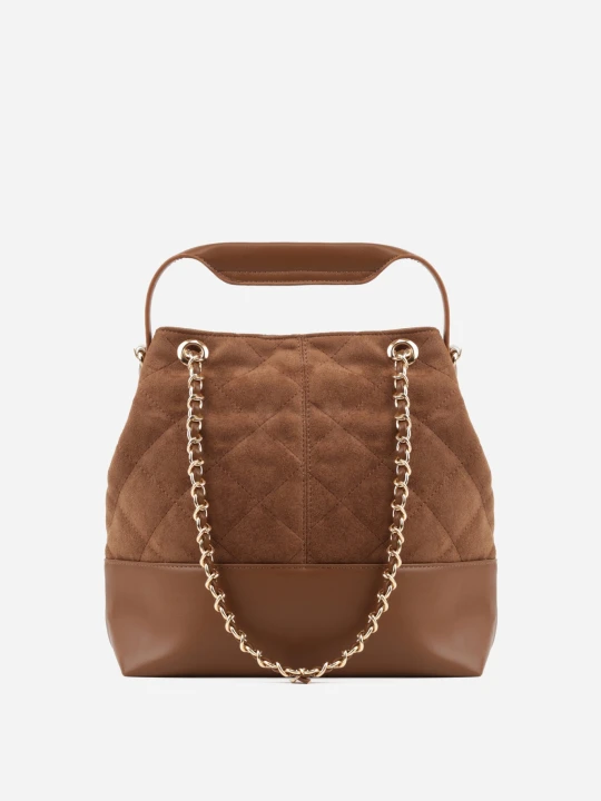 Zdjęcie produktu Jasnobrązowa Torebka Bucket Bag z Przeszyciami w Romby z Rączką i Uchwytami z Łańcuszkiem Denidora Caely Brązowy