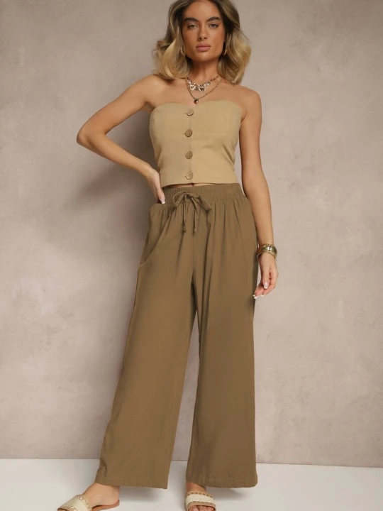 Zdjęcie produktu Jasnobrązowe Spodnie High Waist Szerokie z Bawełny Wiązane w Pasie z Gumką w Talii Yaslio Pesail Brązowy