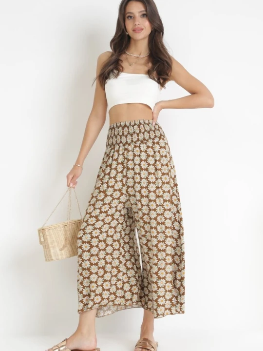 Zdjęcie produktu Jasnobrązowe Szerokie Spodnie High Waist o Długości 7 / 8 Vatum J.stars Brązowy