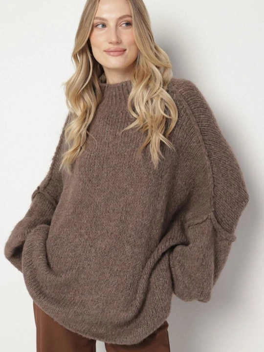 Zdjęcie produktu Jasnobrązowy Golf z Wełną o Kroju Oversize z Obniżoną Linią Ramion Lilenae Jumelle