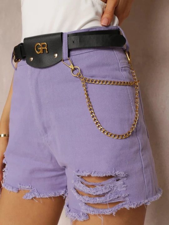 Zdjęcie produktu Jasnofioletowe Bawełniane Szorty High Waist z Paskiem z Odpinanym Łańcuszkiem Priseis Defox Fioletowy