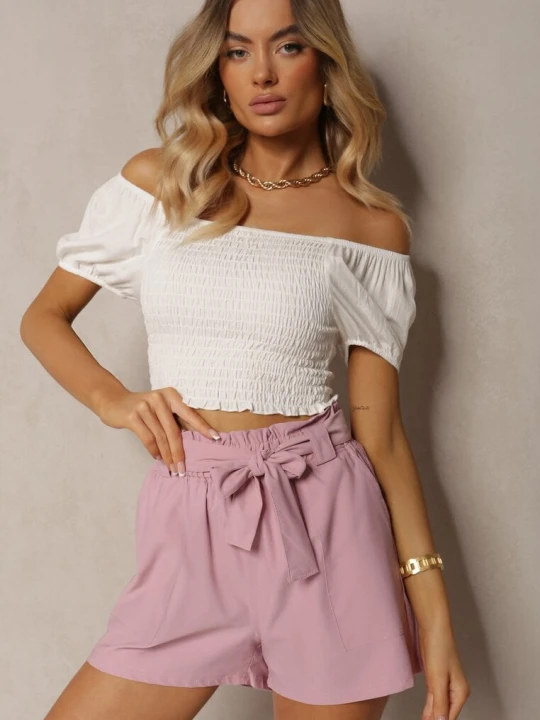 Zdjęcie produktu Jasnofioletowe Szorty Bermudy High Waist z Dodatkiem Bawełny Wiązane w Pasie Quisevia H&s Fioletowy