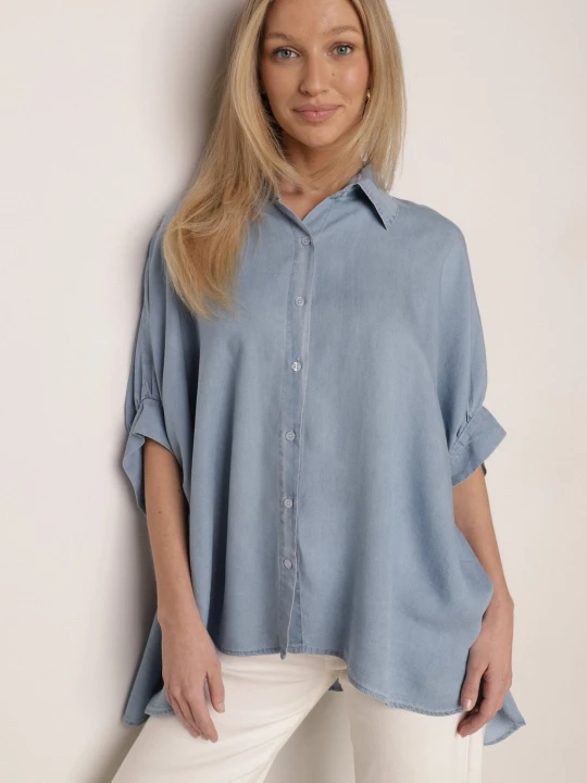 Zdjęcie produktu Jasnoniebieska Nietoperzowa Koszula Oversize z Wiskozą z Rękawami 3/4 Mathei Elsa.m By May Niebieski