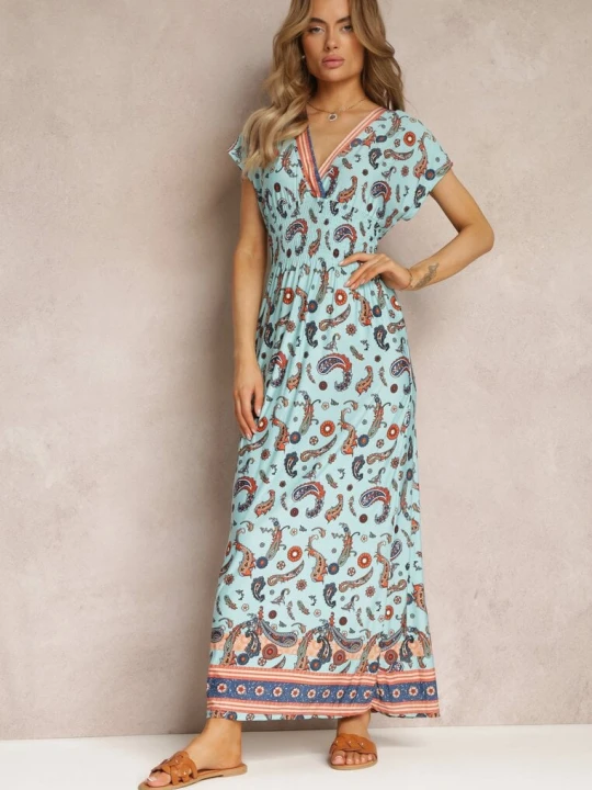 Zdjęcie produktu Jasnoniebieska Rozkloszowana Sukienka Maxi z Printem Paisley z Gumką w Pasie Zoenia Generation Niebieski