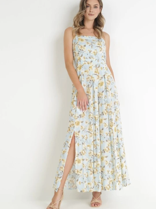 Zdjęcie produktu Jasnoniebieska Sukienka Maxi na Regulowanych Ramiączkach z Rozcięciem na Dole Alasima R&f Fashion Niebieski