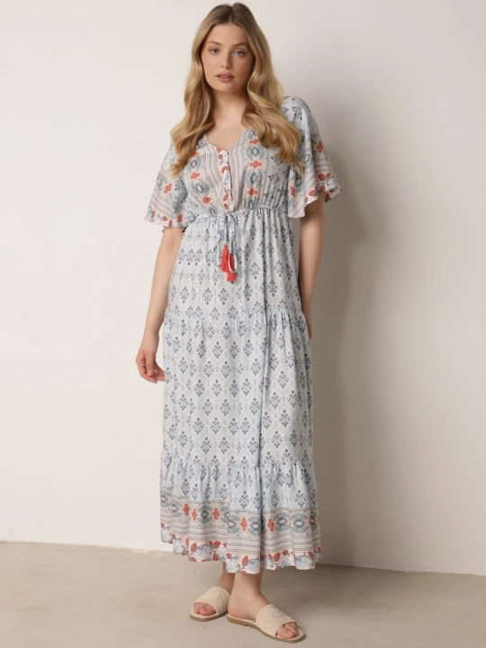Zdjęcie produktu Jasnoniebieska Sukienka Maxi z Gumką i Sznurkiem z Chwostami w Pasie Maryse Rosa Niebieski