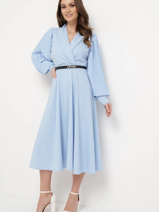 Zdjęcie produktu Jasnoniebieska Sukienka Rozkloszowana z Paskiem Aidyn New Collection Niebieski