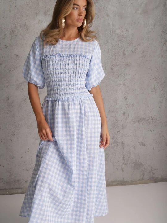 Zdjęcie produktu Jasnoniebieska Sukienka w Stylu Boho z Bawełną w Kratę i Marszczoną Górą Diomereia Unigirl Niebieski