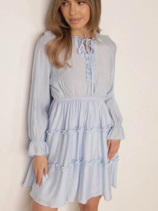 Zdjęcie produktu Jasnoniebieska Wiskozowa Sukienka na Lato w Stylu Boho z Falbankami i Wiązaniem Barpea Unigirl Niebieski