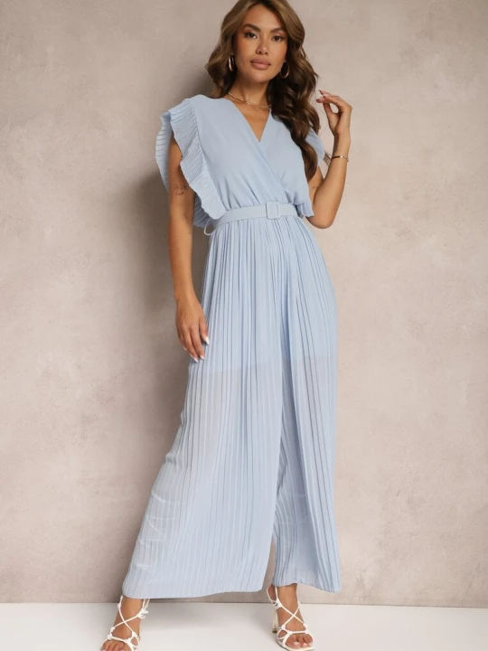 Zdjęcie produktu Jasnoniebieski Plisowany Kombinezon z Falbankami i Szerokimi Nogawkami Jarina New Collection