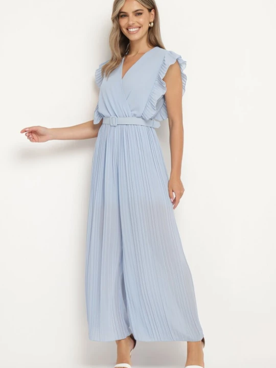 Zdjęcie produktu Jasnoniebieski Plisowany Kombinezon z Szerokimi Nogawkami i Paskiem Audra New Collection