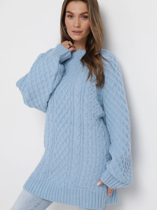 Zdjęcie produktu Jasnoniebieski Sweter o Wydłużonym Fasonie z Modnym Splotem Ahexa Wool Fashion