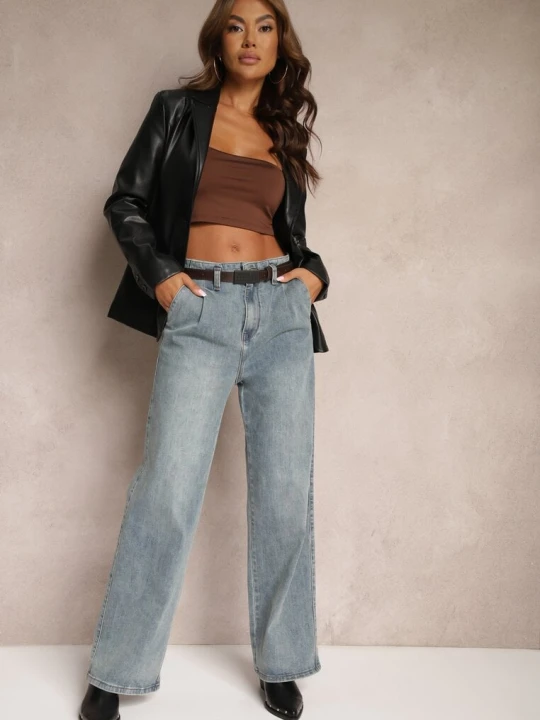Zdjęcie produktu Jasnoniebieskie Bawełniane Szerokie Jeansy High Waist Ozdobione Paskiem Terilainas Uiuj