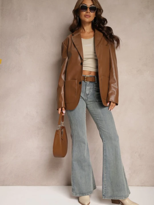 Zdjęcie produktu Jasnoniebieskie Jeansy z Bawełny Dzwony High Waist z Paskiem i Ozdobnymi Kieszeniami Mevalia