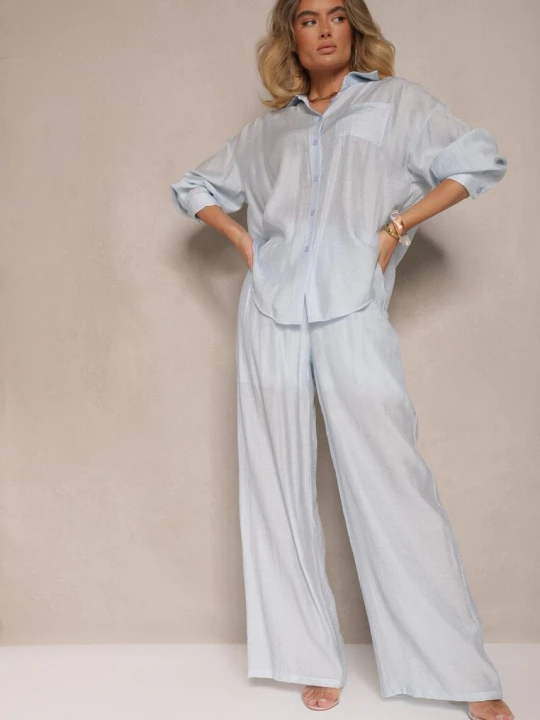 Zdjęcie produktu Jasnoniebieskie Spodnie Palazzo High Waist z Szeroką Nogawką i Gumką w Talii Jenarielis By Swan
