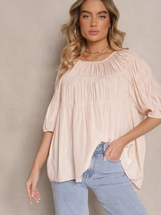 Zdjęcie produktu Jasnoróżowa Bluzka z Wiskozą o Fasonie Oversize z Gumkami w Ramionach Alirona H&s Różowy