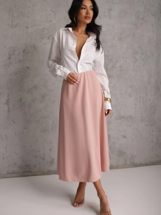 Zdjęcie produktu Jasnoróżowa Midi Spódnica Rozkloszowana o Klasycznym Fasonie Namettia Fashion Station Różowy