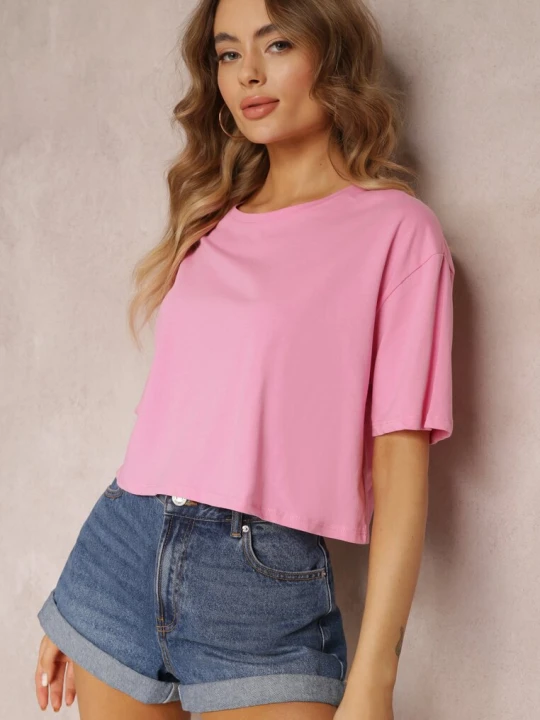 Zdjęcie produktu Jasnoróżowy T-shirt o Fasonie Cropped Oversize Brighta Glo-story